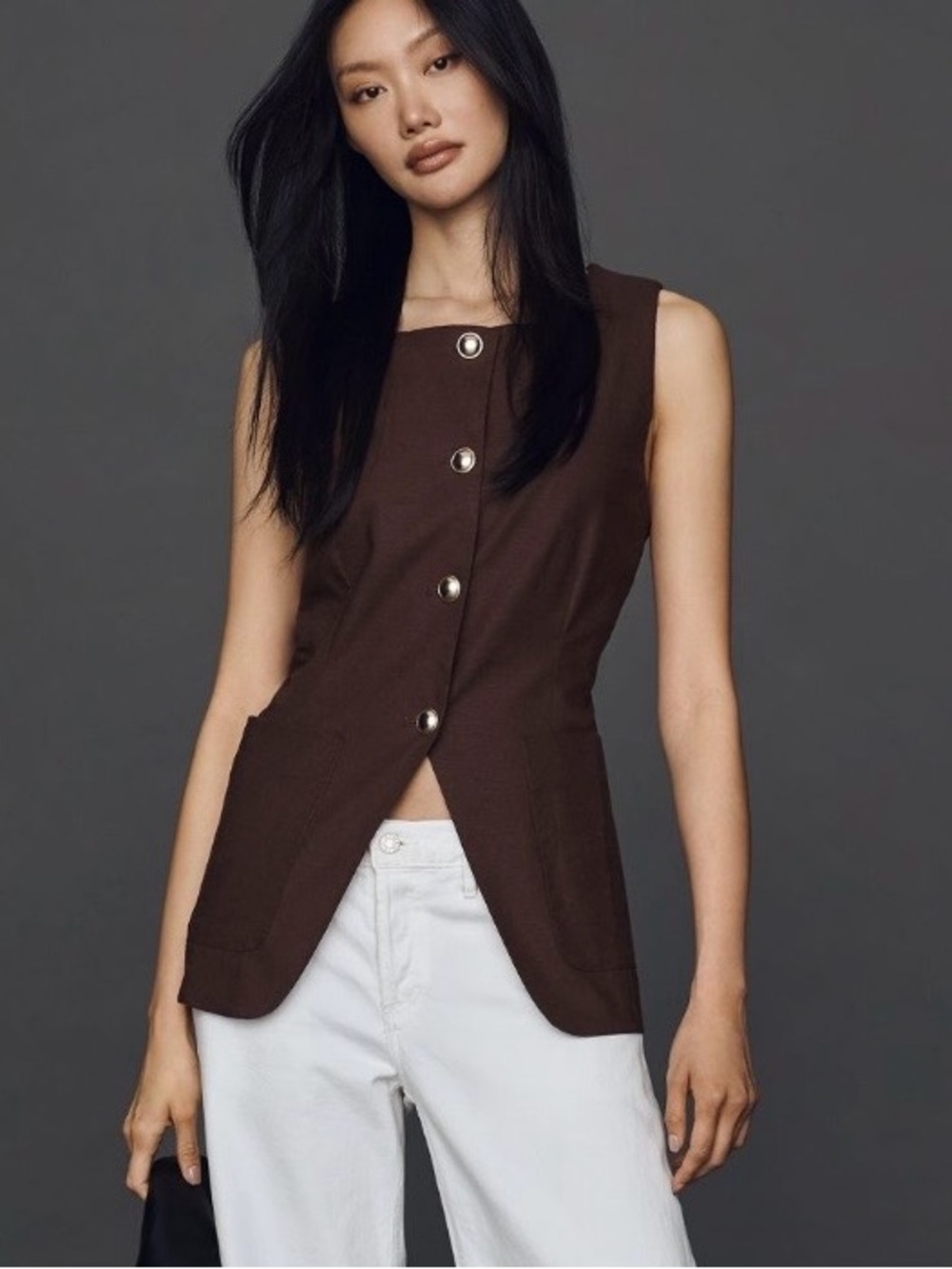 Anthropologie Maeve Linen Blend Brown Cutaway Vest Medium NWT
